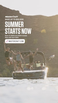 a group of people jumping on a boat with the text summer starts now